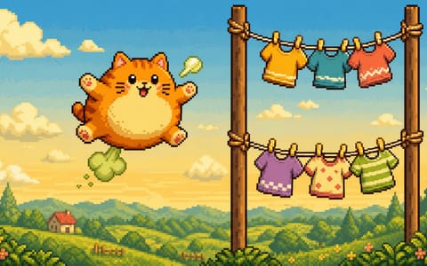 Pixel-art round gassy cat floating between laundry lines with fart and burp puffs