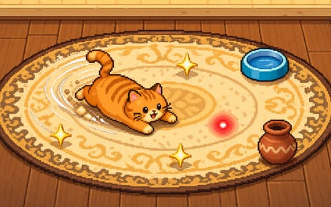Pixel-art cat chasing a laser dot through sparkles in a cozy living room