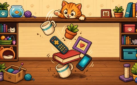 Pixel-art orange cat knocking mugs, remotes, and plant pots into a wobbly pile