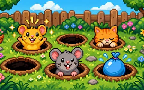 Pixel-art garden of mouse holes with mice, a sleepy kitten, and a blue water balloon