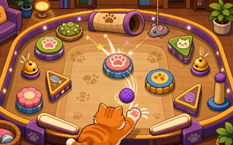 Pixel-art cat batting a yarn ball around bumpers, bells, catnip, and toys